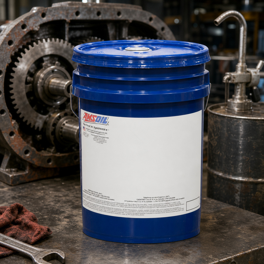 Synthetic EP Gear Oil 320 staged in a drivetrain and gear workshop