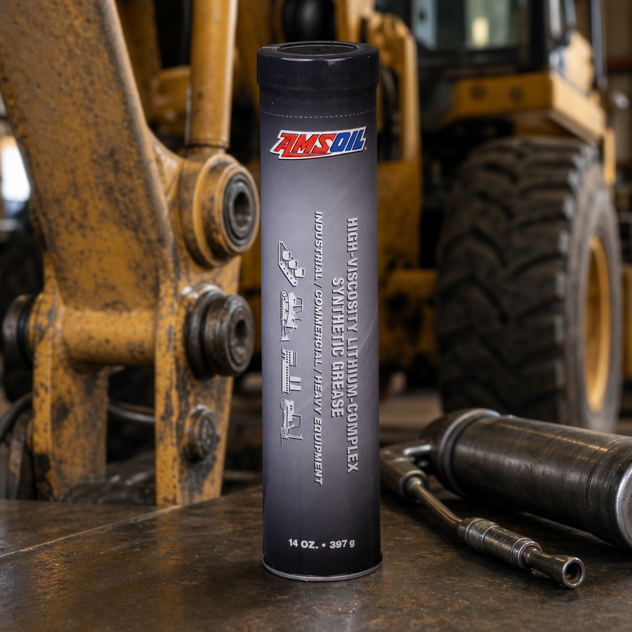 AMSOIL Synthetic High-Viscosity Lithium-Complex Grease staged in an equipment maintenance shop