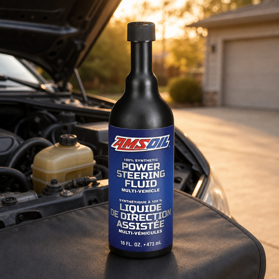 AMSOIL 100% Synthetic Multi-Vehicle Power Steering Fluid staged in a driveway home service setting