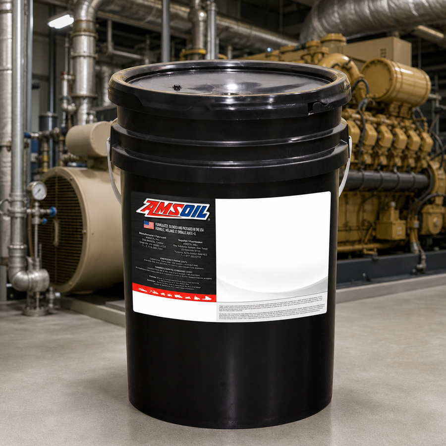 AMSOIL 100% Synthetic Stationary Natural Gas Engine Oil staged in a commercial engine facility