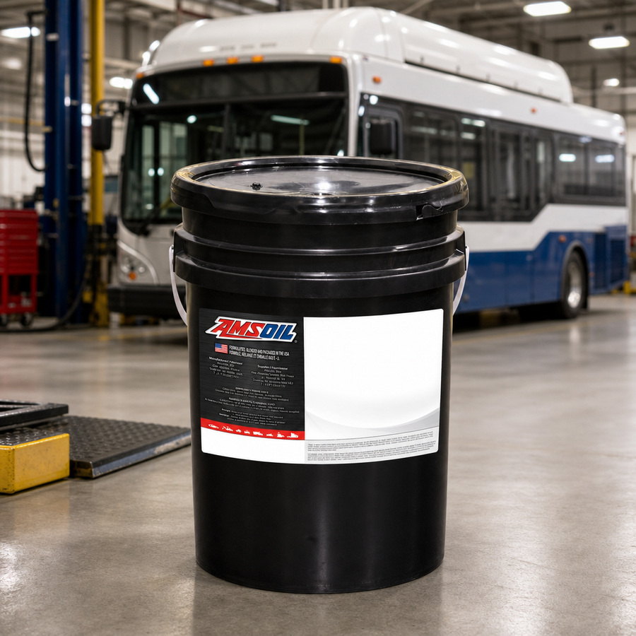AMSOIL 100% Synthetic Vehicular Natural Gas Engine Oil staged in a commercial engine facility