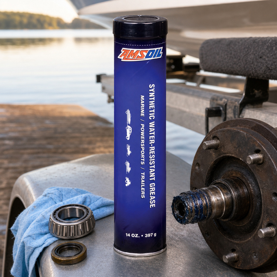 AMSOIL Synthetic Water-Resistant Grease staged in an equipment maintenance shop