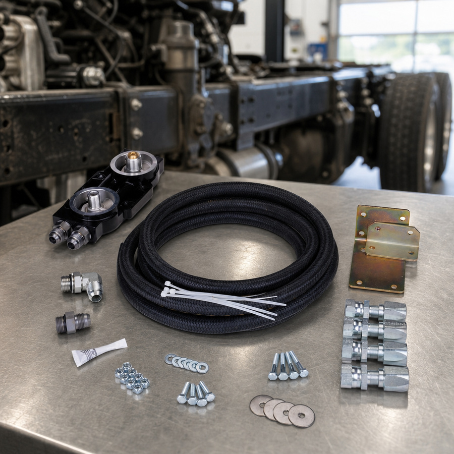AMSOIL Universal Dual-Remote Bypass System staged in a truck maintenance garage