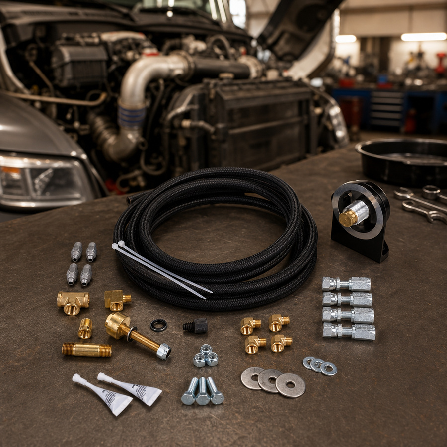 AMSOIL Universal Single-Remote Bypass System staged in a truck maintenance garage