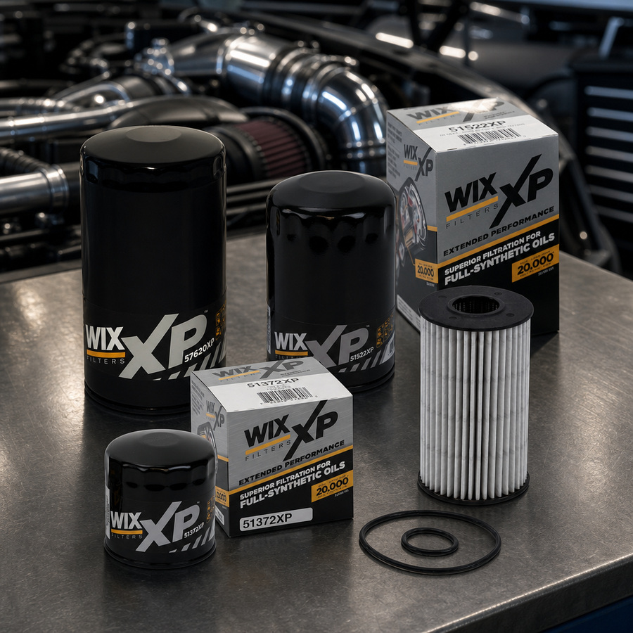 WIX XP Oil Filter staged in an automotive parts workbench