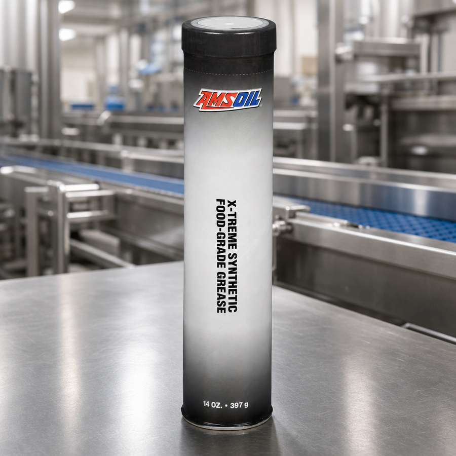 AMSOIL X-Treme Synthetic Food-Grade Grease staged in a food processing plant maintenance area
