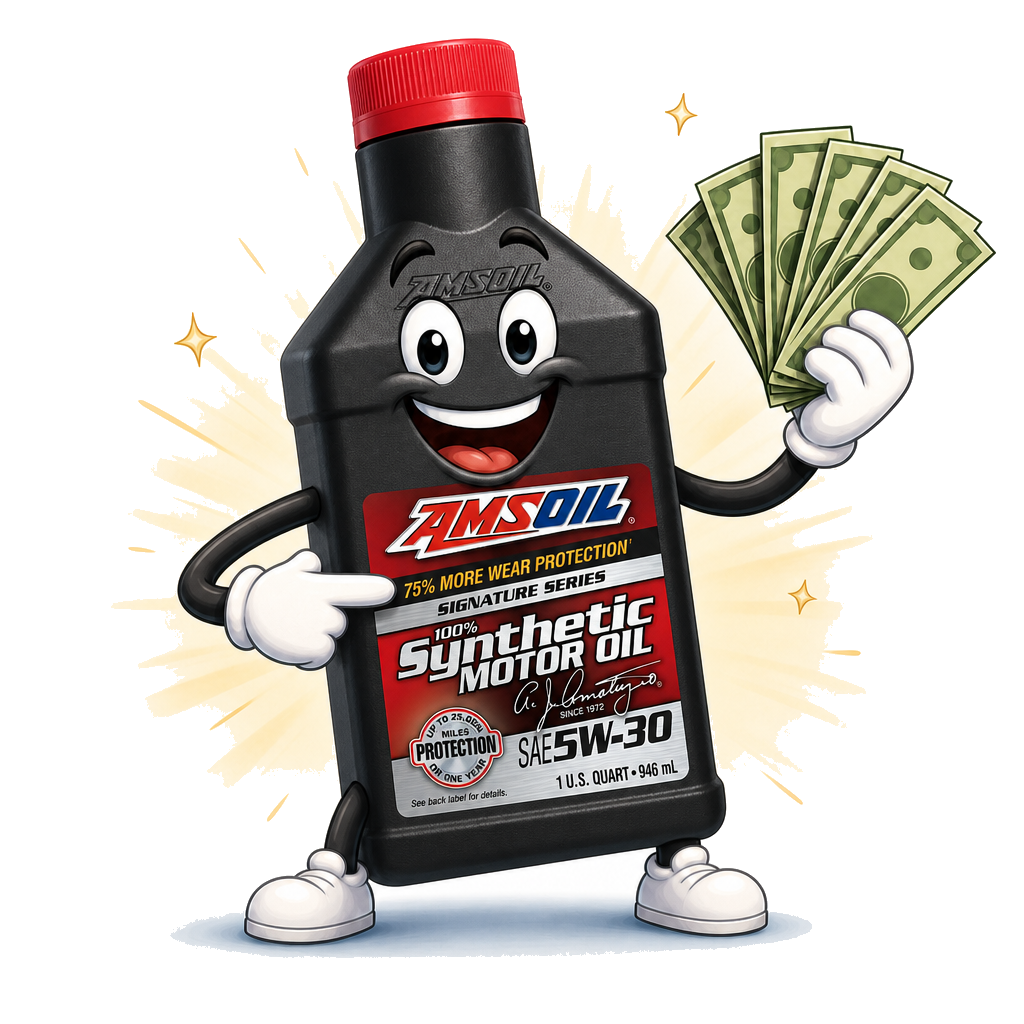 AMSOIL Signature Series bottle mascot promoting Preferred Customer savings